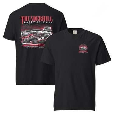Black t-shirt with racing graphic and 'Thunderhill Raceway Park' text on a white background